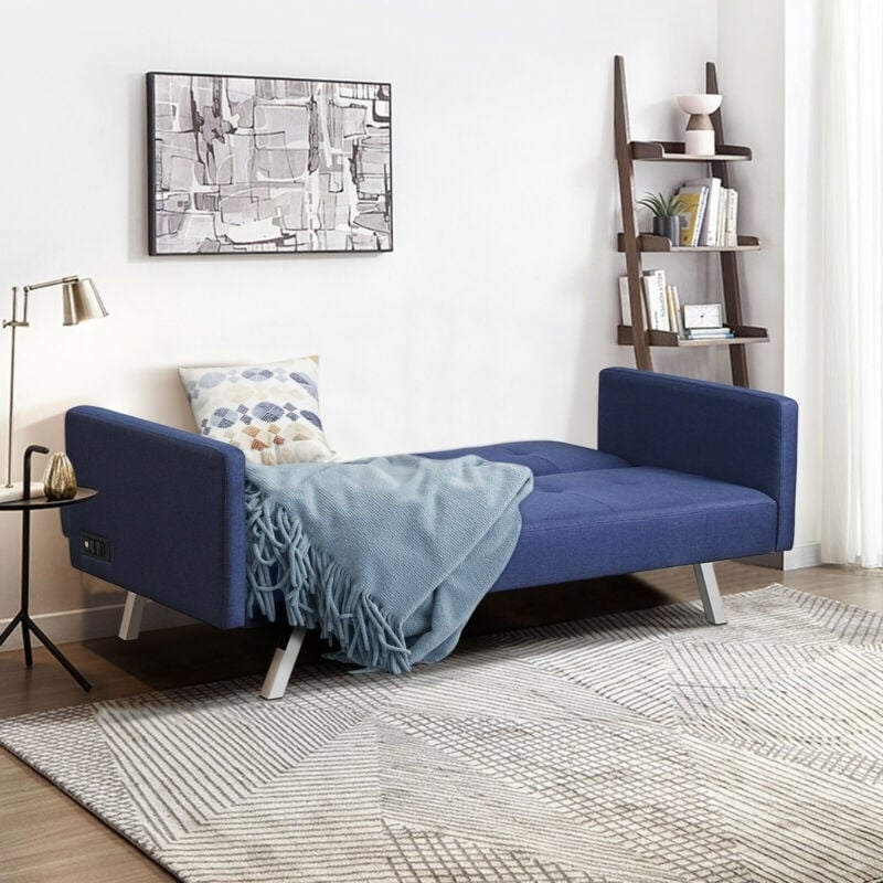 3 Seat Convertible Linen Fabric Futon Sofa with USB and Power Strip, Blue Sofas & Loveseats   at Gallery Canada