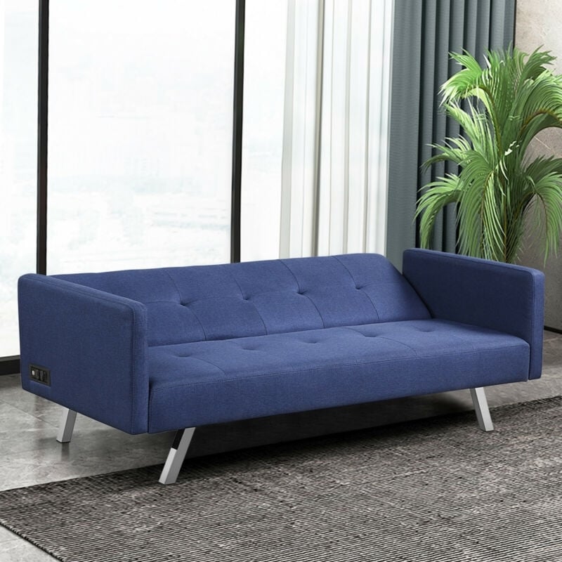 3 Seat Convertible Linen Fabric Futon Sofa with USB and Power Strip, Blue Sofas & Loveseats   at Gallery Canada