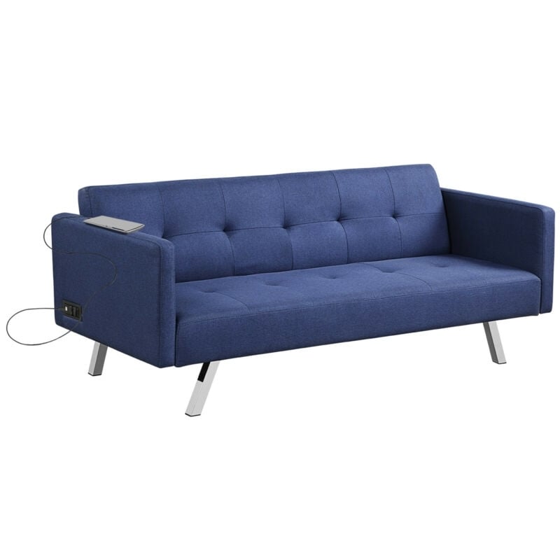 3 Seat Convertible Linen Fabric Futon Sofa with USB and Power Strip, Blue Sofas & Loveseats   at Gallery Canada