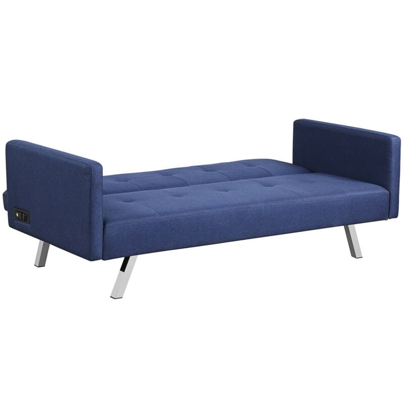 3 Seat Convertible Linen Fabric Futon Sofa with USB and Power Strip, Blue Sofas & Loveseats   at Gallery Canada