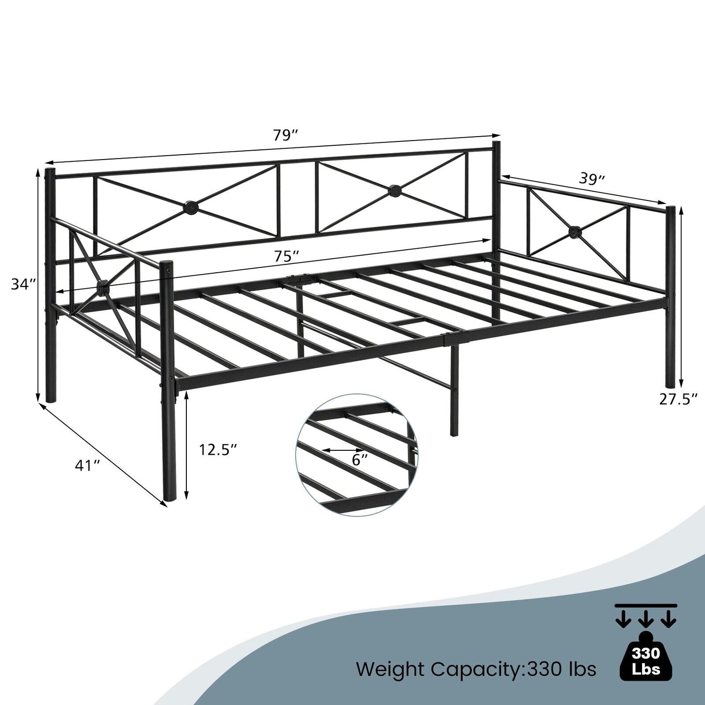 Metal Daybed Frame Twin Size with Slats, Black - Gallery Canada