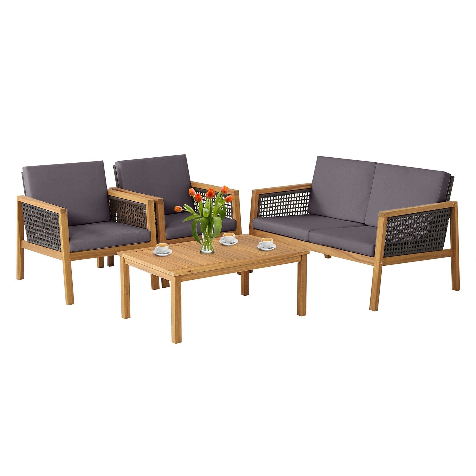 4 Pieces Patio Rattan Furniture Set with Removable Cushions, Gray Patio Conversation Sets   at Gallery Canada