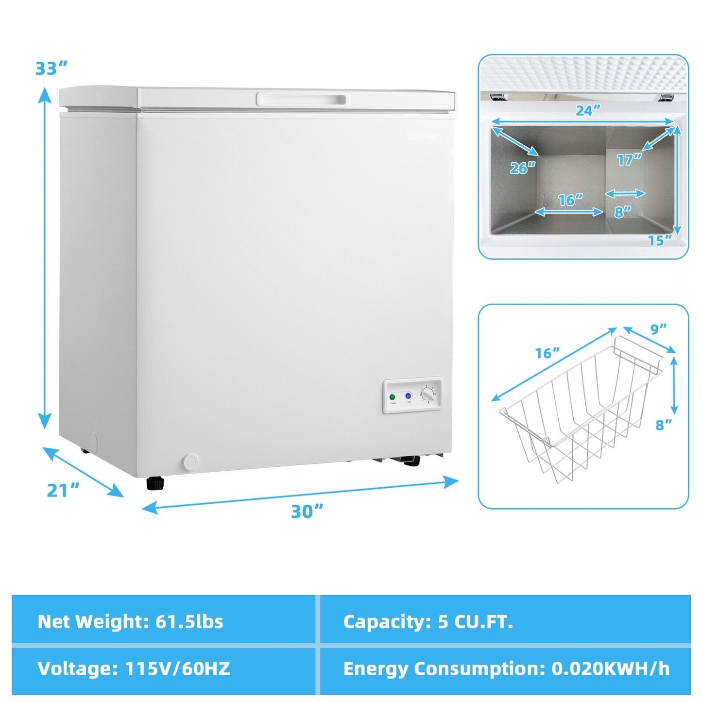 3.5/5 Cu.ft Compact Chest Freezer with Removable Storage Basket-5 Cubic Feet, White - Gallery Canada