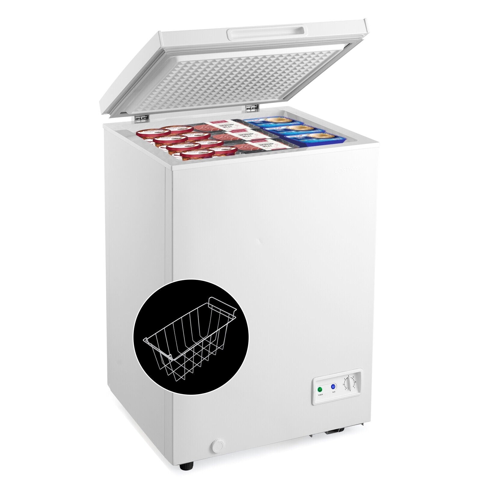 3.5/5 Cu.ft Compact Chest Freezer with Removable Storage Basket-3.5 Cubic, White Freezers at Gallery Canada