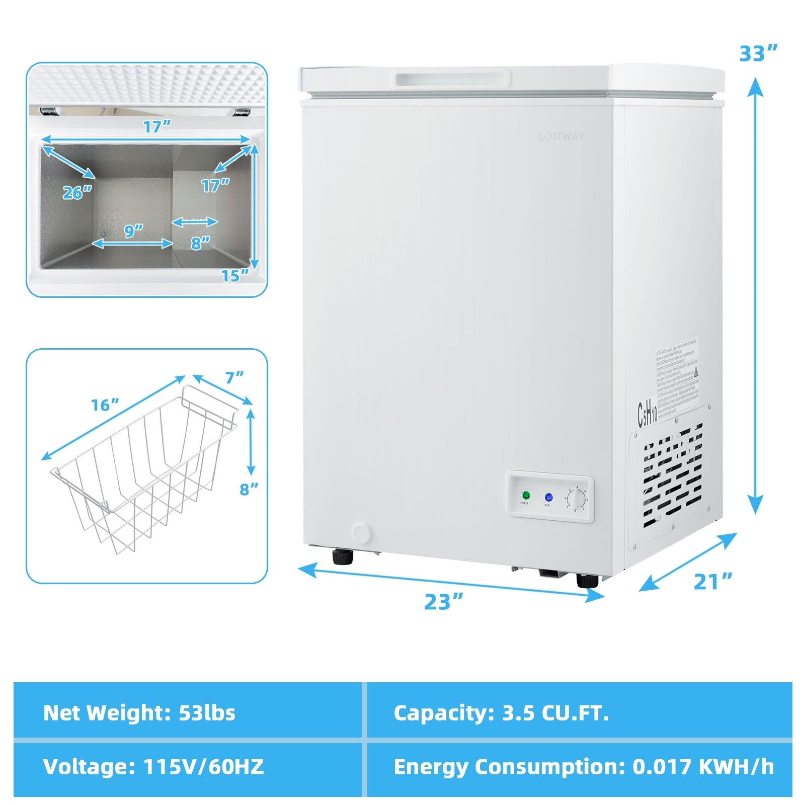 3.5/5 Cu.ft Compact Chest Freezer with Removable Storage Basket-3.5 Cubic, White Freezers at Gallery Canada