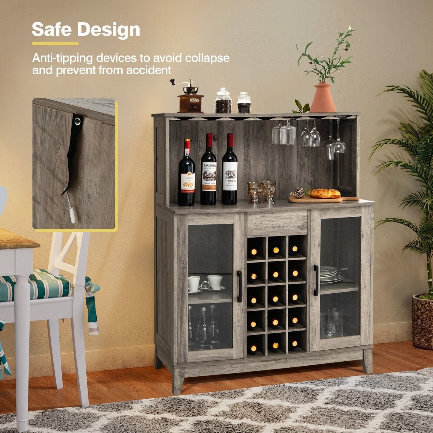 Storage Bar Cabinet with Framed Tempered Glass Door, Gray Sideboards Cabinets & Buffets   at Gallery Canada