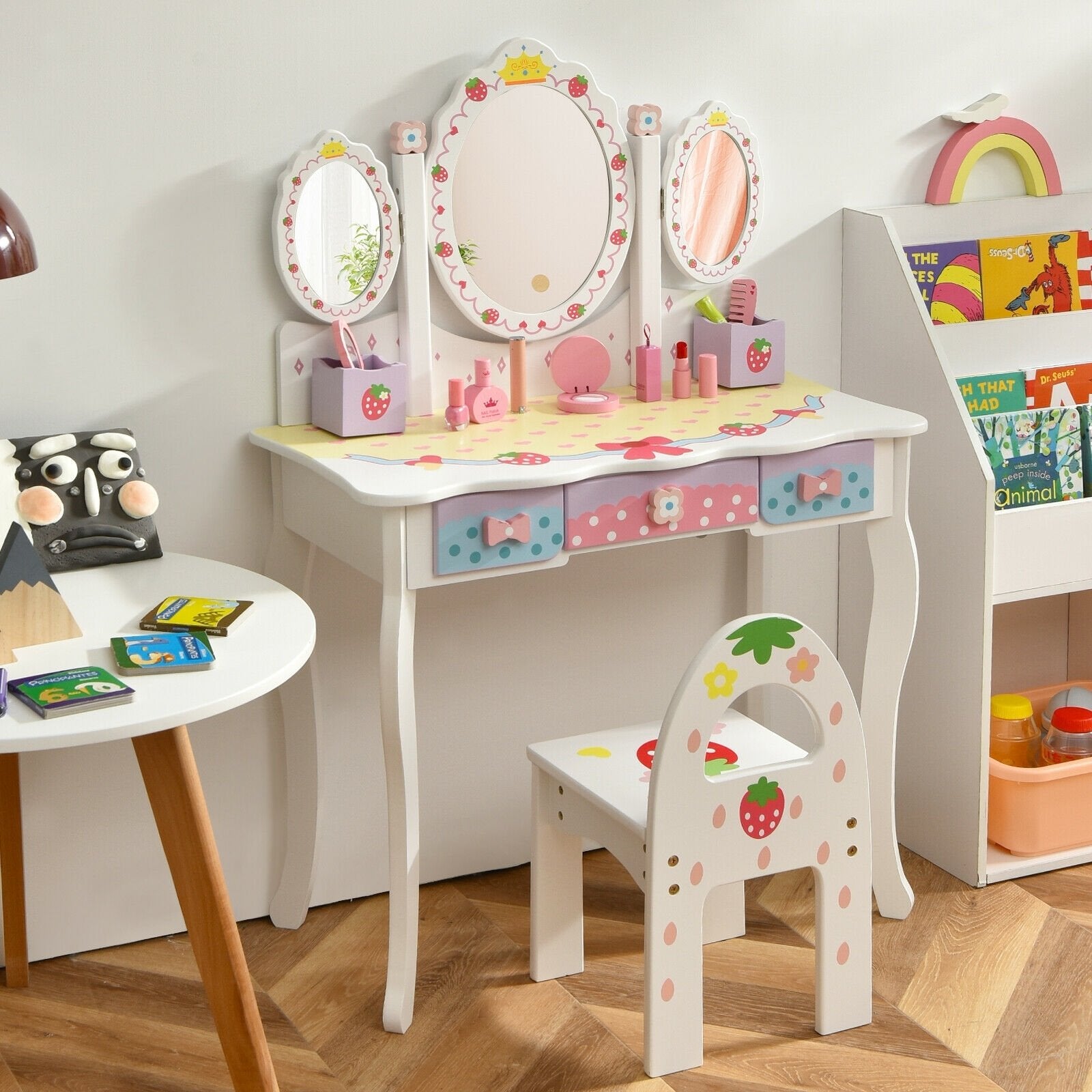 Kids Vanity Princess Makeup Dressing Table Chair Set with Tri-fold Mirror, White Kids Vanities   at Gallery Canada