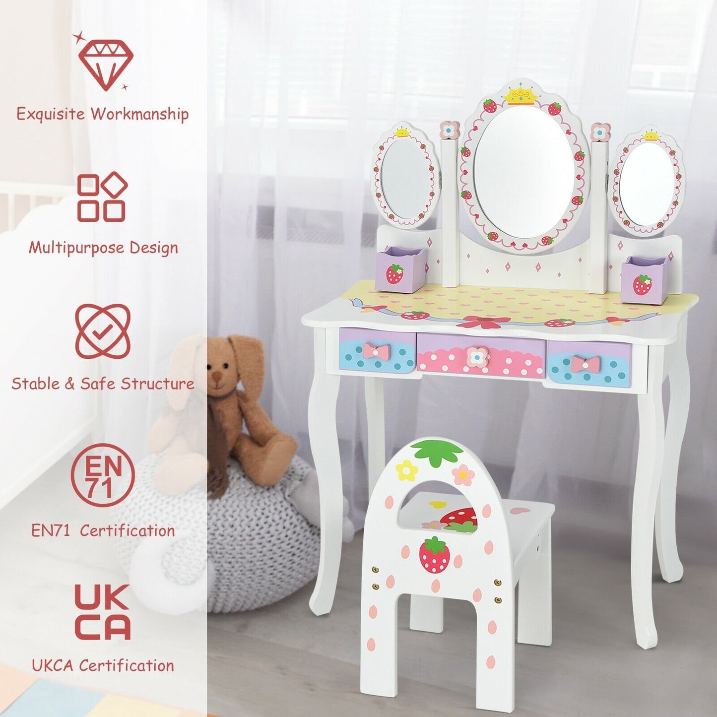 Kids Vanity Princess Makeup Dressing Table Chair Set with Tri-fold Mirror, White Kids Vanities   at Gallery Canada