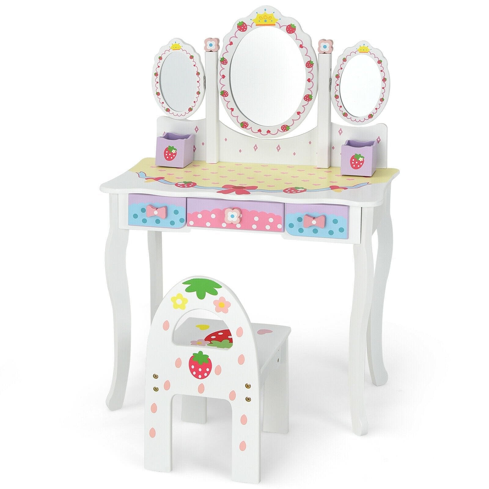 Kids Vanity Princess Makeup Dressing Table Chair Set with Tri-fold Mirror, White Kids Vanities   at Gallery Canada