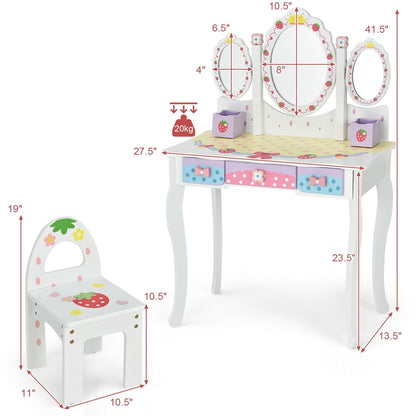 Kids Vanity Princess Makeup Dressing Table Chair Set with Tri-fold Mirror, White Kids Vanities   at Gallery Canada