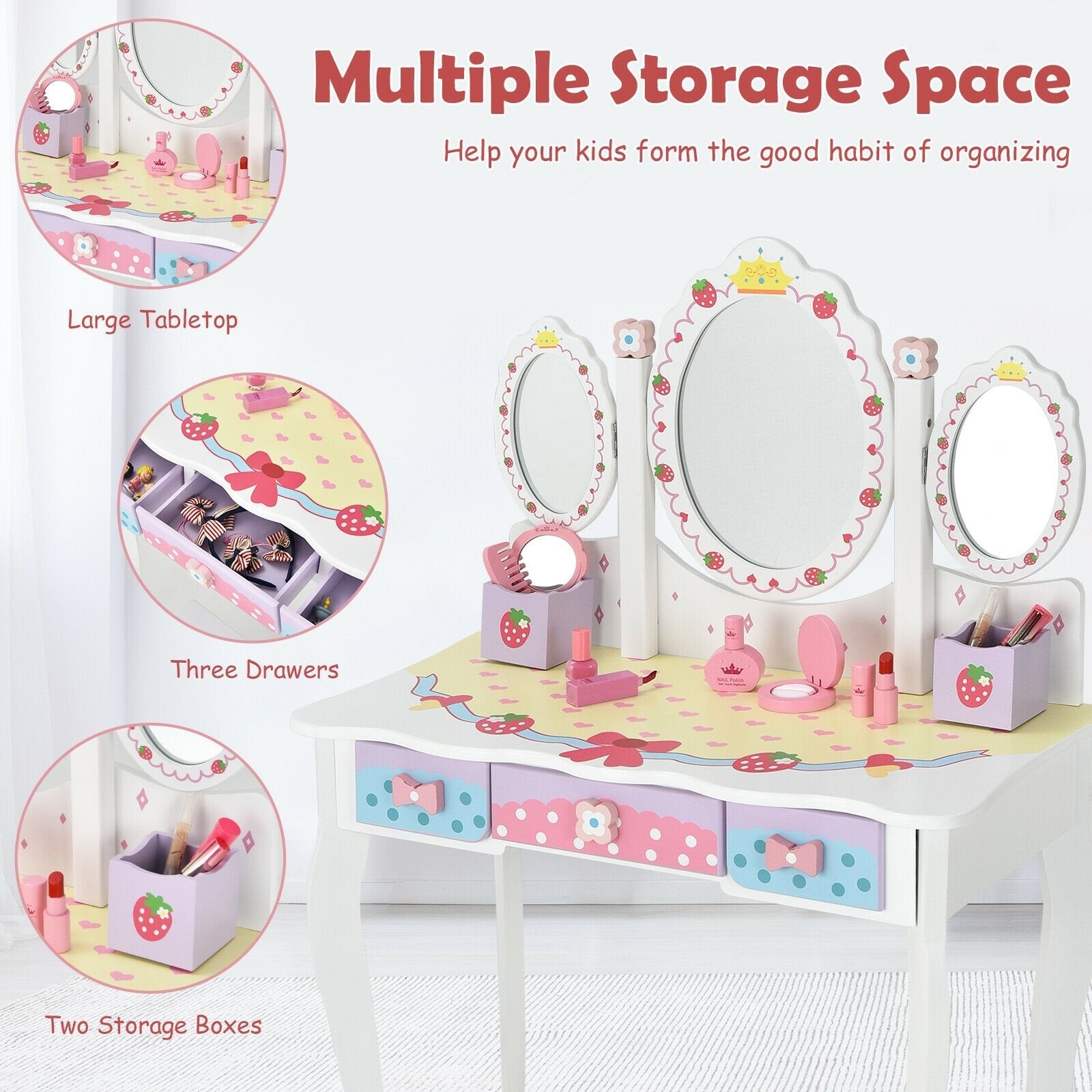 Kids Vanity Princess Makeup Dressing Table Chair Set with Tri-fold Mirror, White Kids Vanities   at Gallery Canada