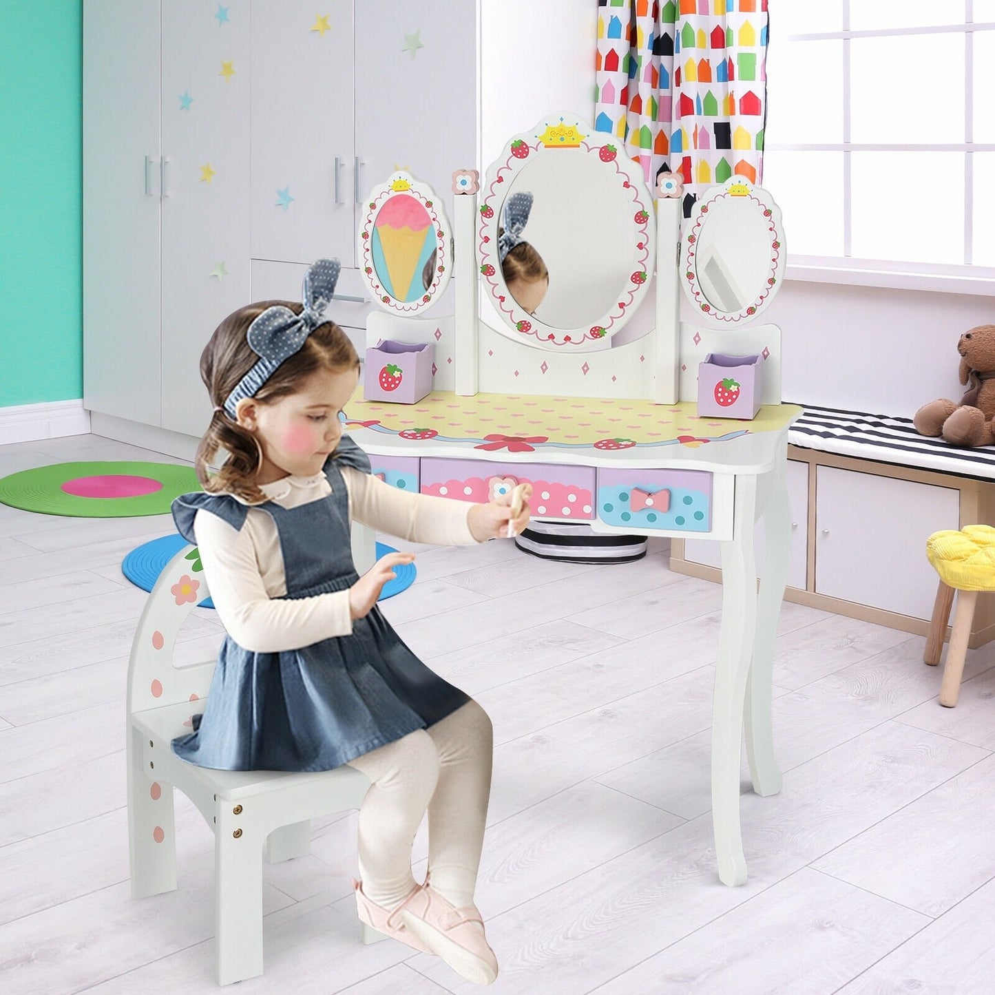 Kids Vanity Princess Makeup Dressing Table Chair Set with Tri-fold Mirror, White Kids Vanities   at Gallery Canada