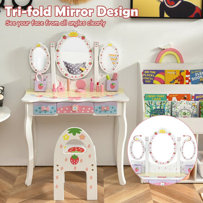 Kids Vanity Princess Makeup Dressing Table Chair Set with Tri-fold Mirror, White Kids Vanities   at Gallery Canada