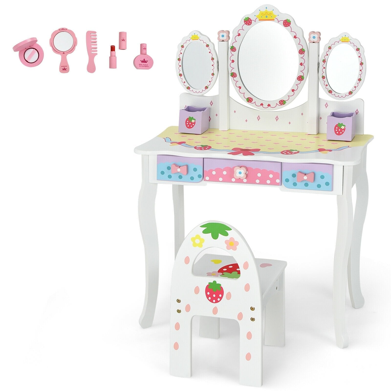 Kids Vanity Princess Makeup Dressing Table Chair Set with Tri-fold Mirror, White Kids Vanities   at Gallery Canada