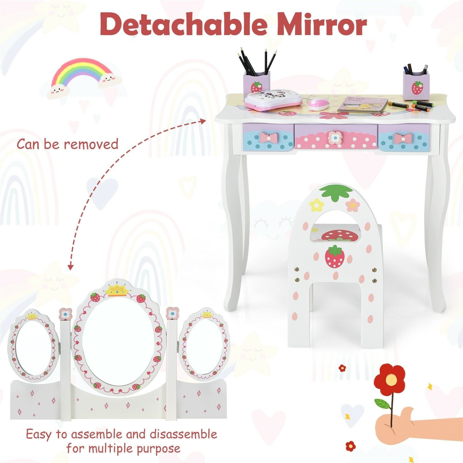 Kids Vanity Princess Makeup Dressing Table Chair Set with Tri-fold Mirror, White Kids Vanities   at Gallery Canada