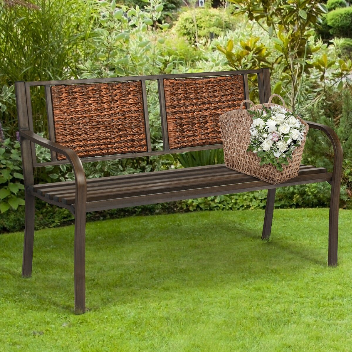 Outdoor Porch Furniture Patio Garden Bench Steel Frame Rattan, Bronze Outdoor Benches   at Gallery Canada