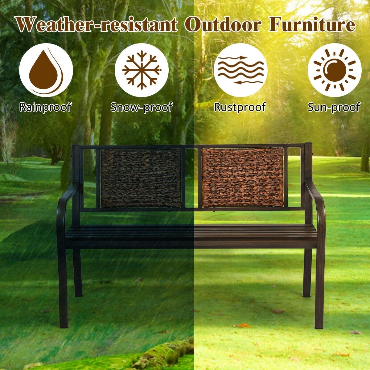 Outdoor Porch Furniture Patio Garden Bench Steel Frame Rattan, Bronze Outdoor Benches   at Gallery Canada