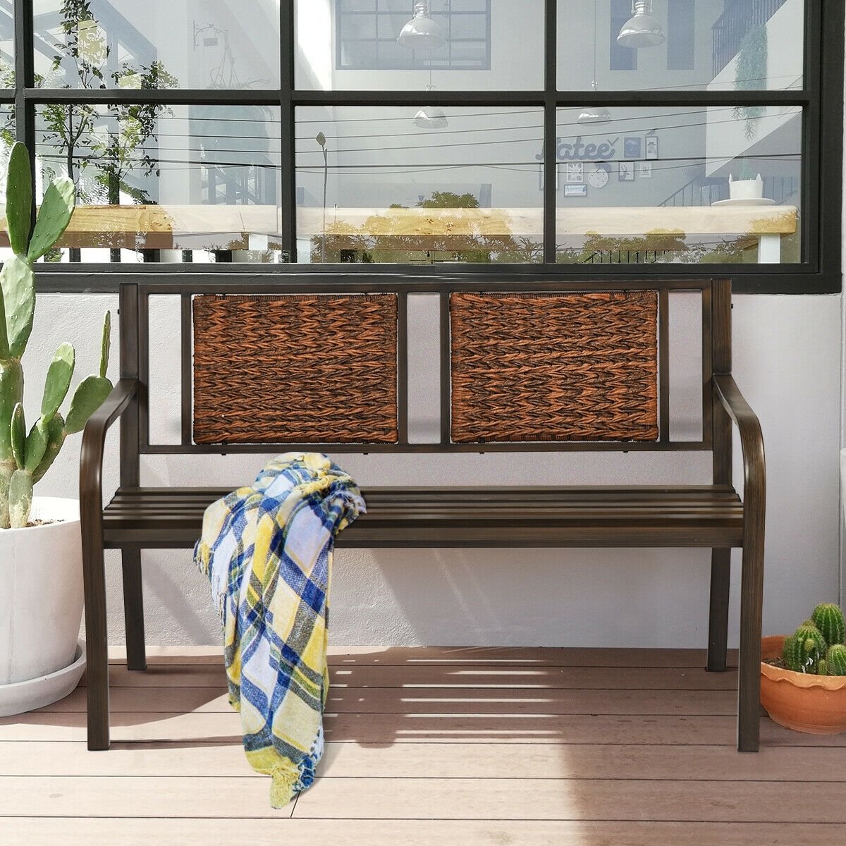 Outdoor Porch Furniture Patio Garden Bench Steel Frame Rattan, Bronze Outdoor Benches   at Gallery Canada