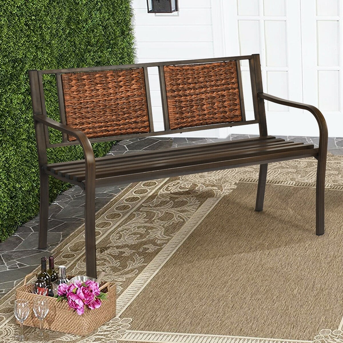 Outdoor Porch Furniture Patio Garden Bench Steel Frame Rattan, Bronze Outdoor Benches   at Gallery Canada