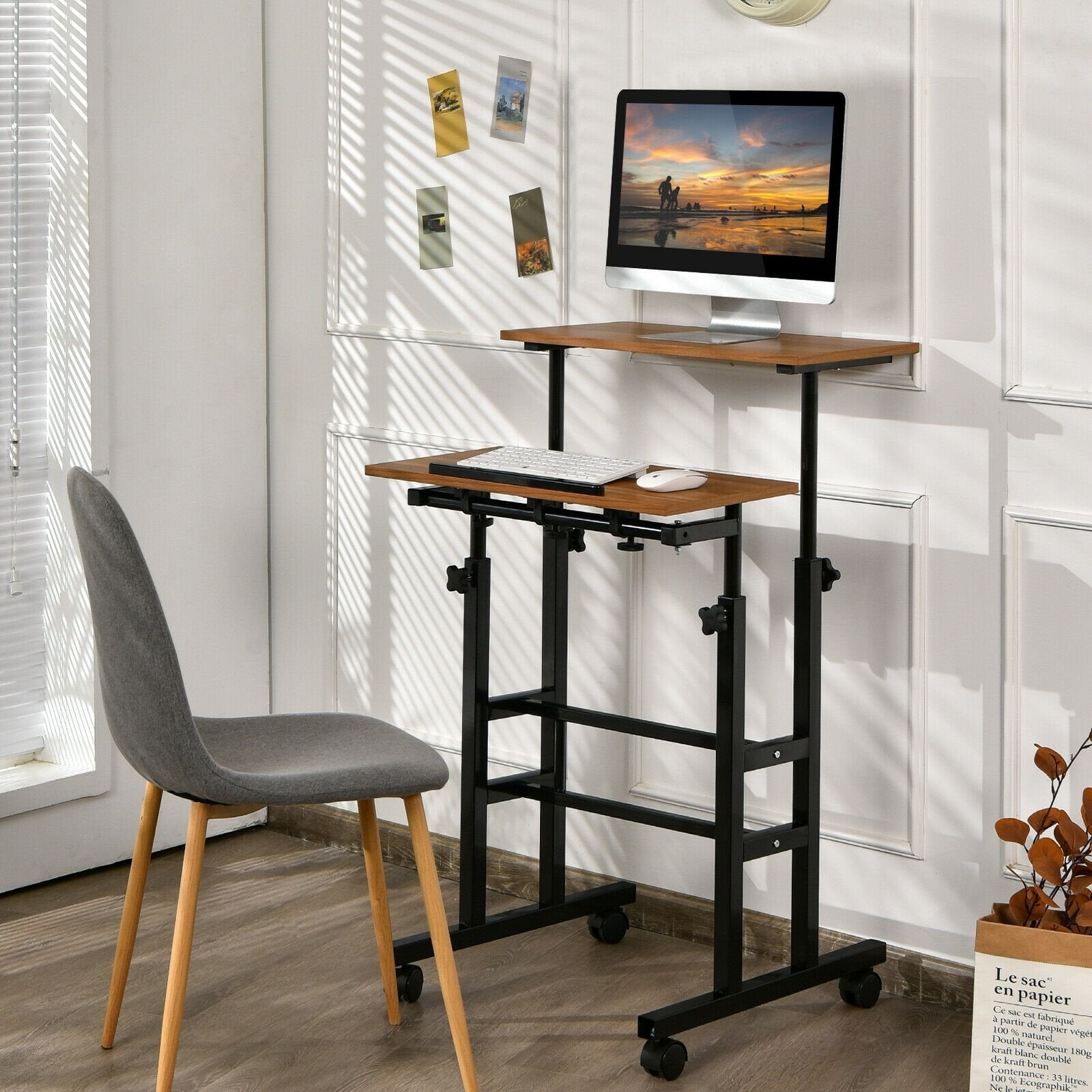 Height Adjustable Mobile Standing Desk with rolling wheels for office and home, Walnut Laptop Tables & Printer Stands   at Gallery Canada