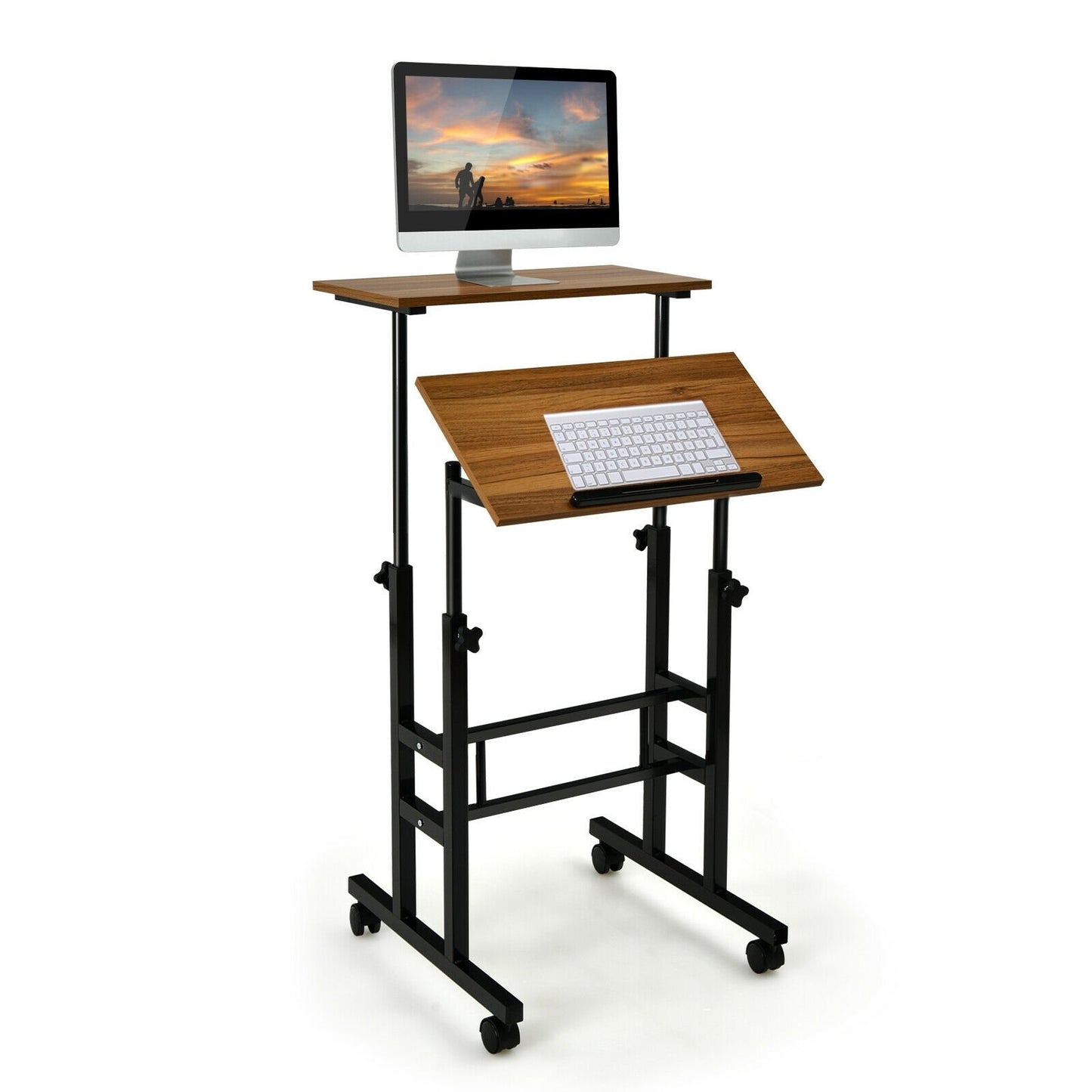 Height Adjustable Mobile Standing Desk with rolling wheels for office and home, Walnut Laptop Tables & Printer Stands   at Gallery Canada