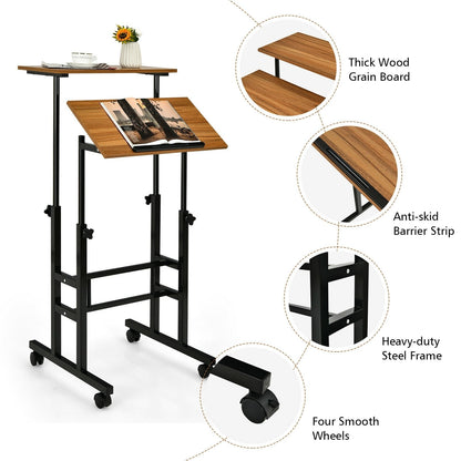 Height Adjustable Mobile Standing Desk with rolling wheels for office and home, Walnut Laptop Tables & Printer Stands   at Gallery Canada