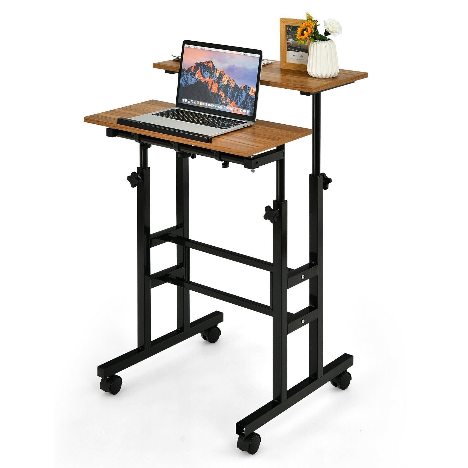 Height Adjustable Mobile Standing Desk with rolling wheels for office and home, Walnut Laptop Tables & Printer Stands   at Gallery Canada