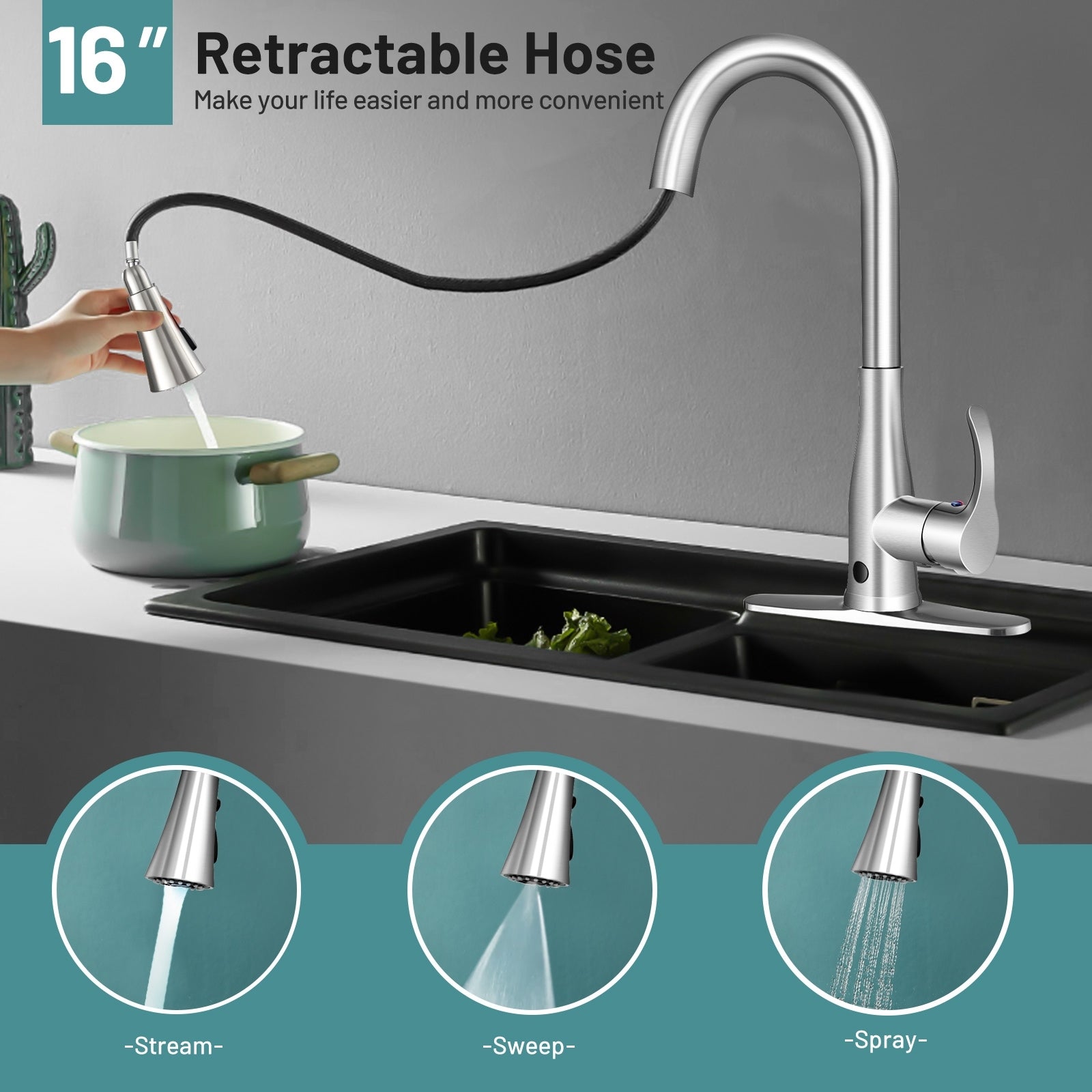 Touchless Kitchen Faucet with 360° Swivel Single Handle Sensor and 3 Mode Sprayer, Silver Kitchen Utensils at Gallery Canada