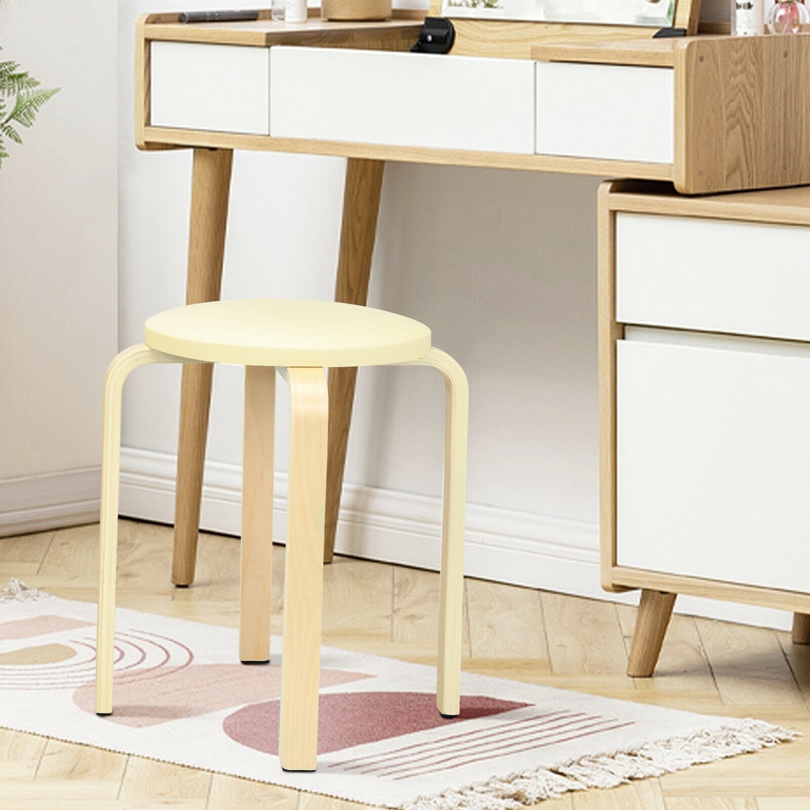 Set of 4 Bentwood Round Stool Stackable Dining Chairs with Padded Seat, Beige Dining Chairs   at Gallery Canada