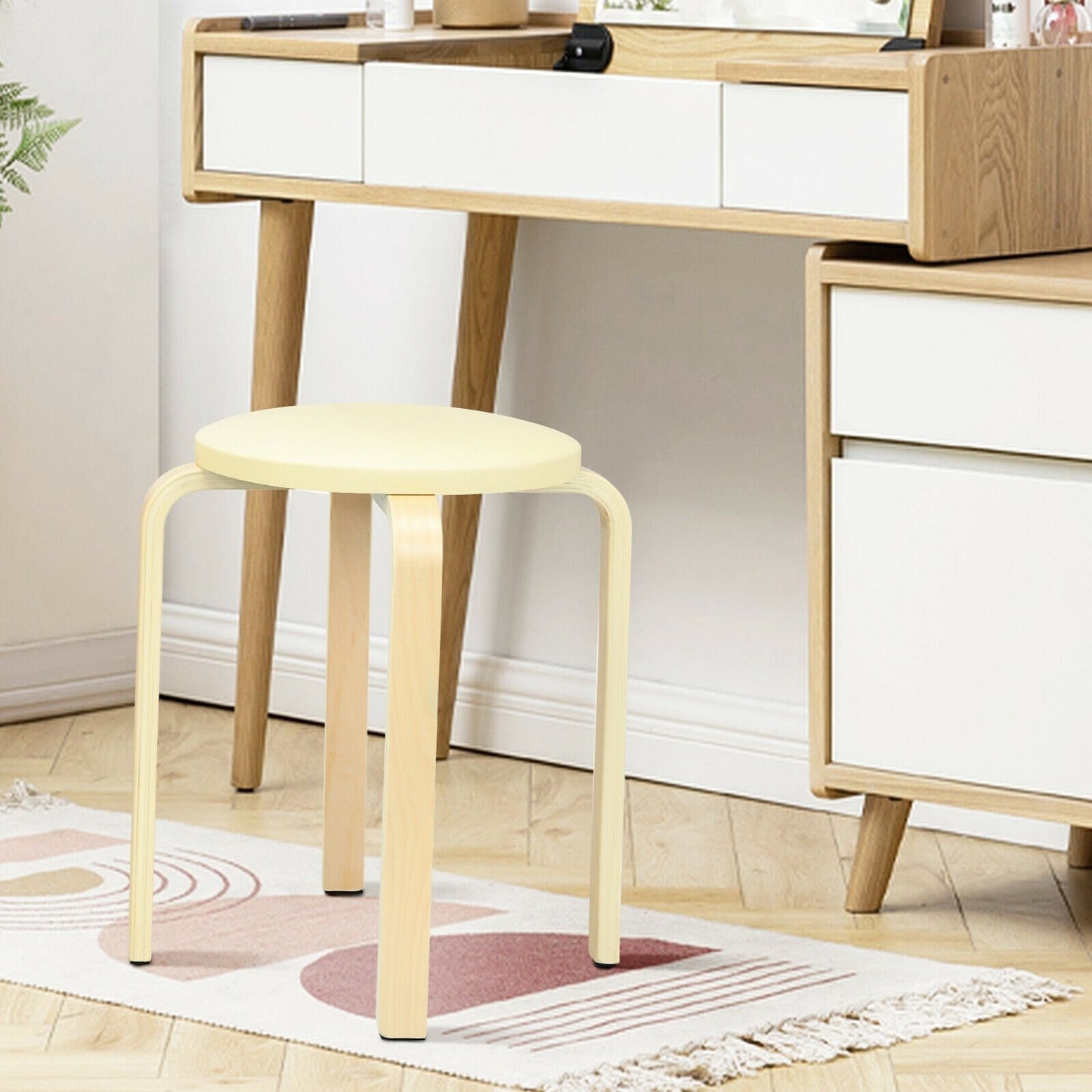 Set of 4 Bentwood Round Stool Stackable Dining Chairs with Padded Seat, Beige Dining Chairs   at Gallery Canada