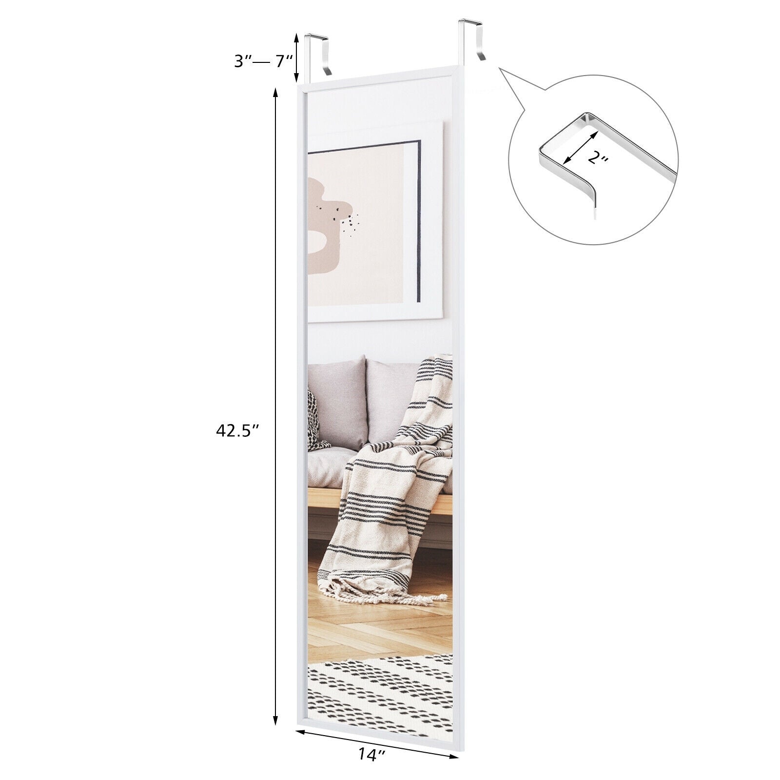 Full Length Metal Door Mirror with Adjustable Hook, White Wall Mirrors   at Gallery Canada