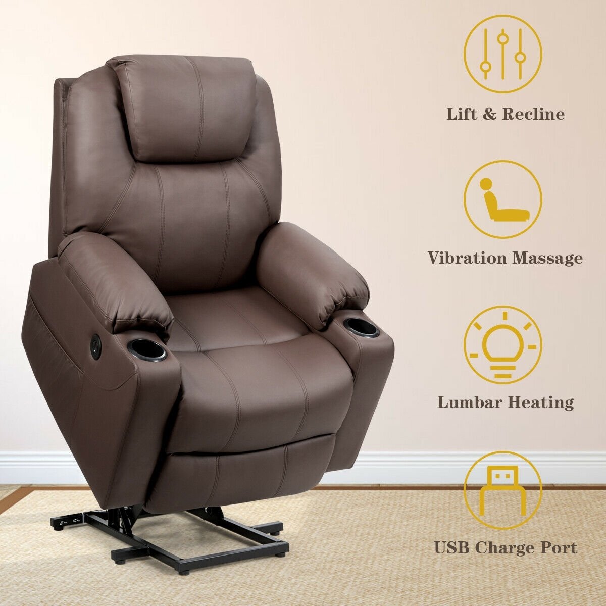 Electric Power Lift Leather Massage Sofa, Brown Recliners   at Gallery Canada