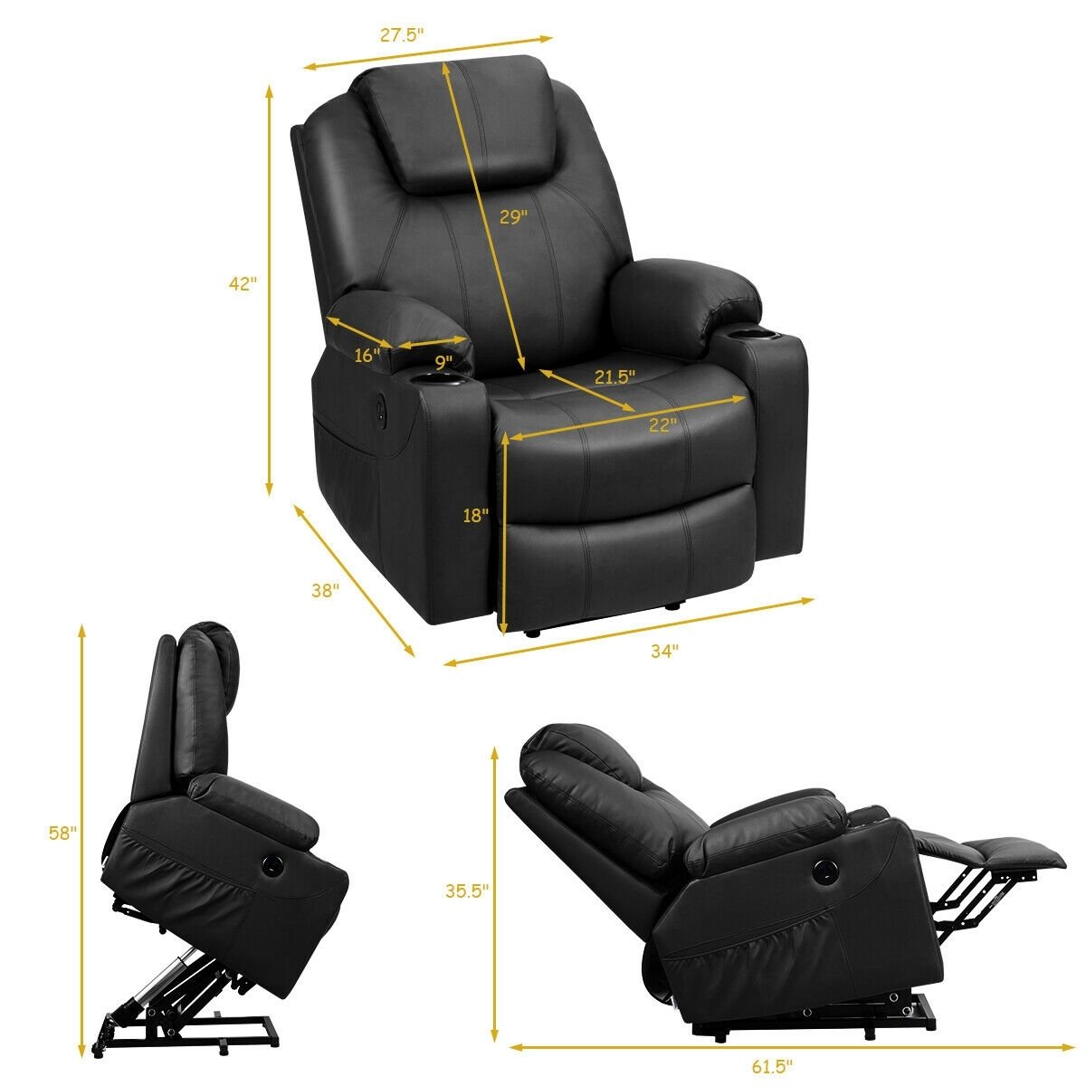 Electric Power Lift Leather Massage Sofa, Black Recliners   at Gallery Canada