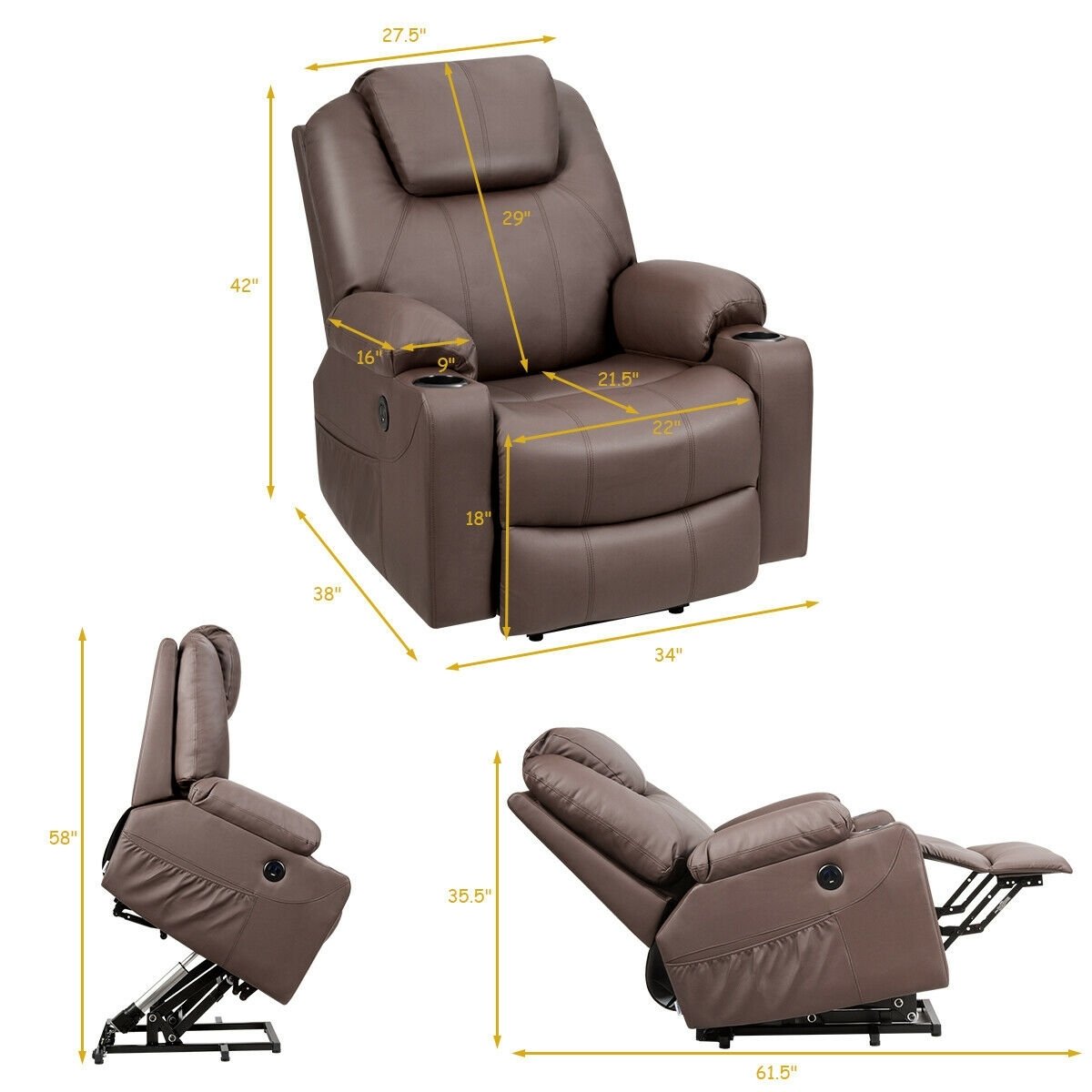 Electric Power Lift Leather Massage Sofa, Brown Recliners   at Gallery Canada