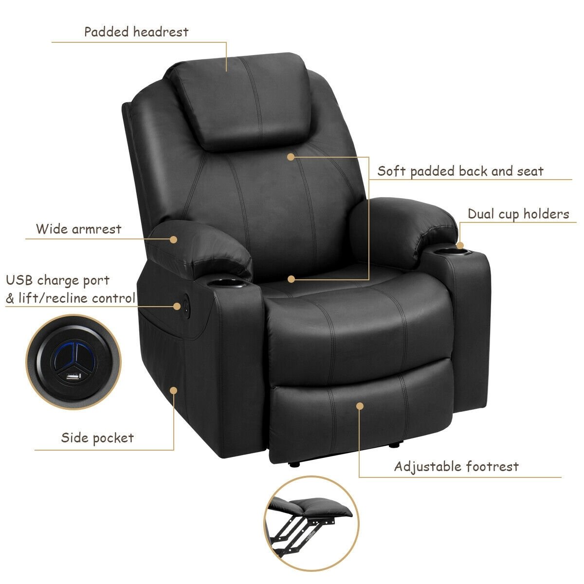 Electric Power Lift Leather Massage Sofa, Black Recliners   at Gallery Canada