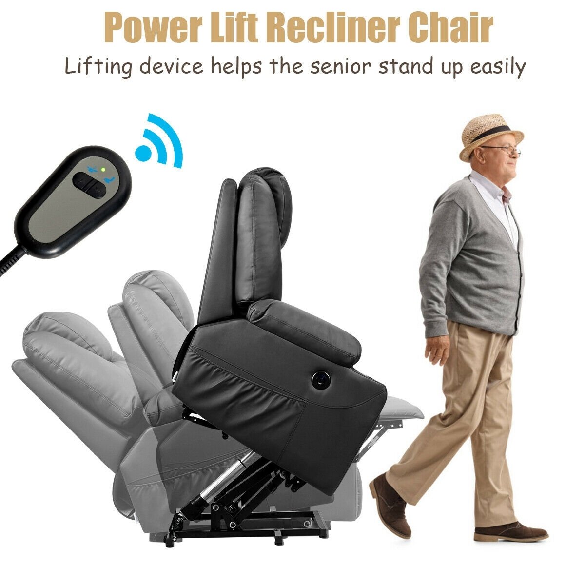 Electric Power Lift Leather Massage Sofa, Black Recliners   at Gallery Canada