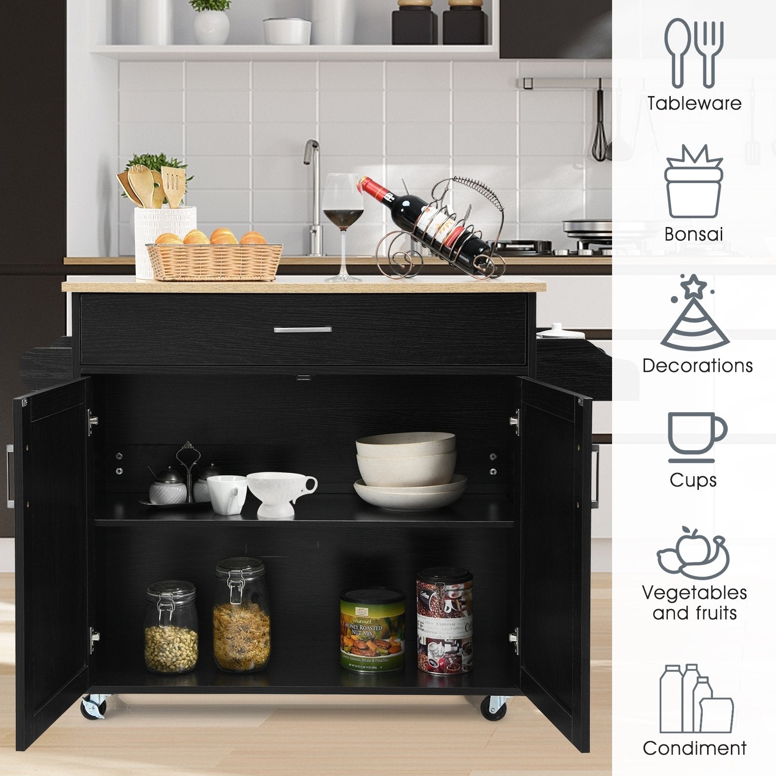 Rolling Kitchen Island Cart with Towel and Spice Rack, Black Kitchen Islands & Carts   at Gallery Canada