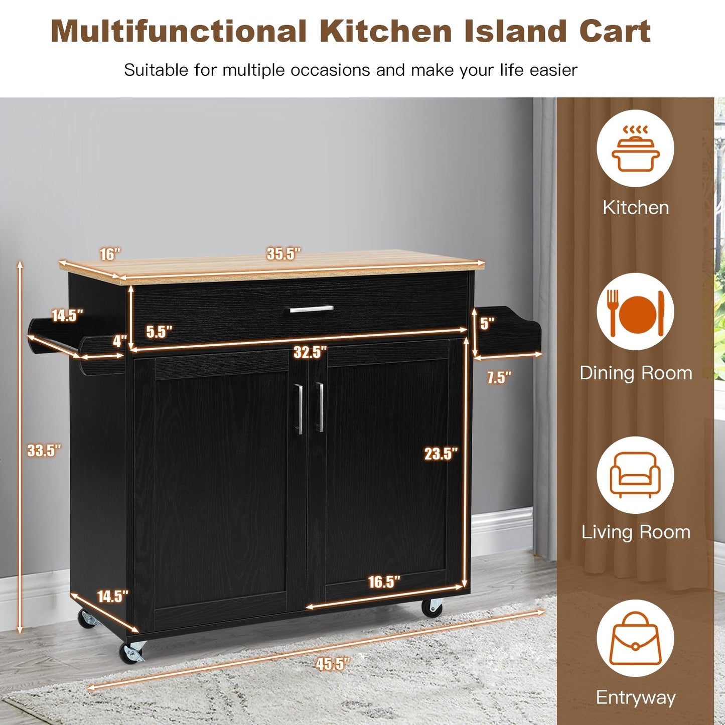 Rolling Kitchen Island Cart with Towel and Spice Rack, Black Kitchen Islands & Carts   at Gallery Canada