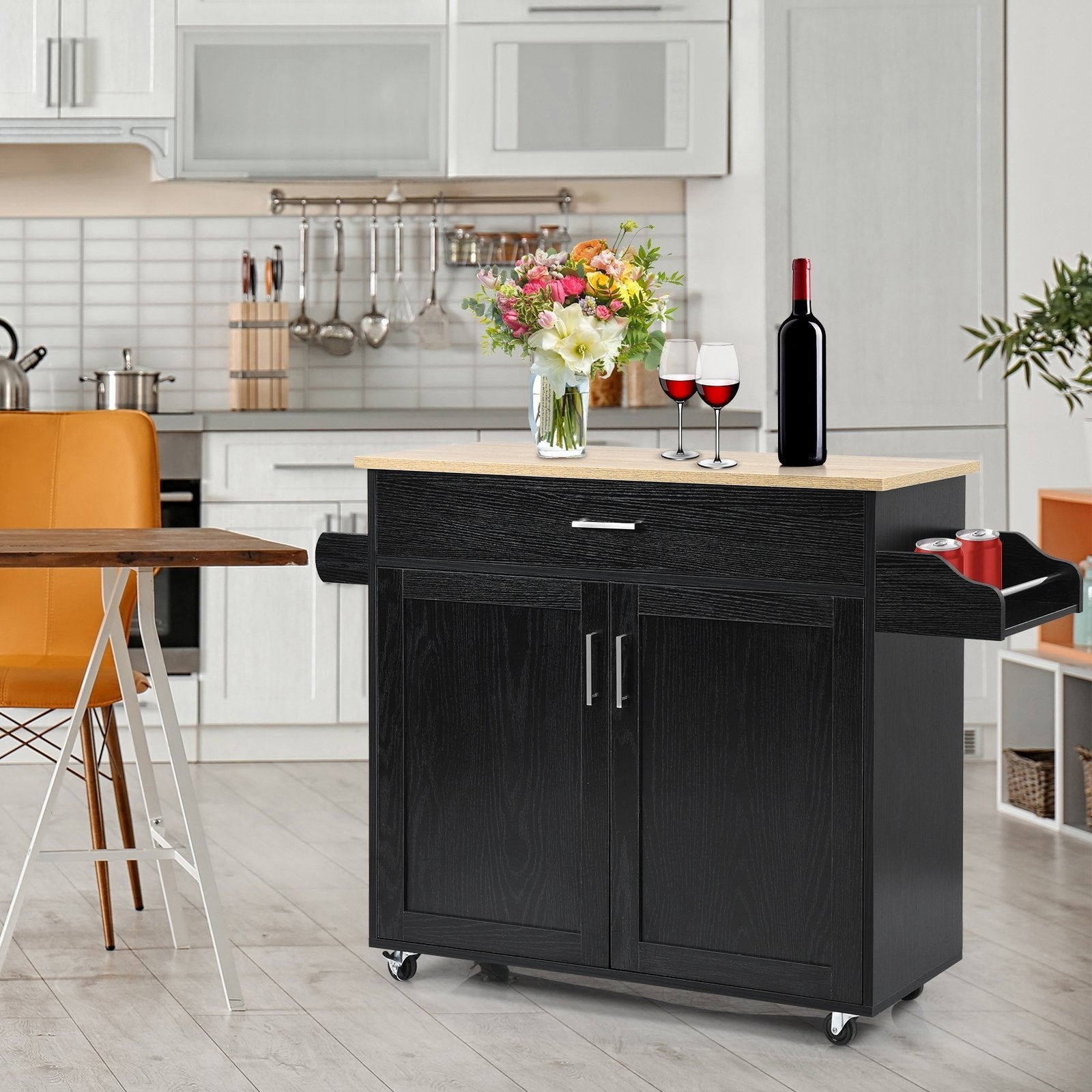 Rolling Kitchen Island Cart with Towel and Spice Rack, Black Kitchen Islands & Carts   at Gallery Canada