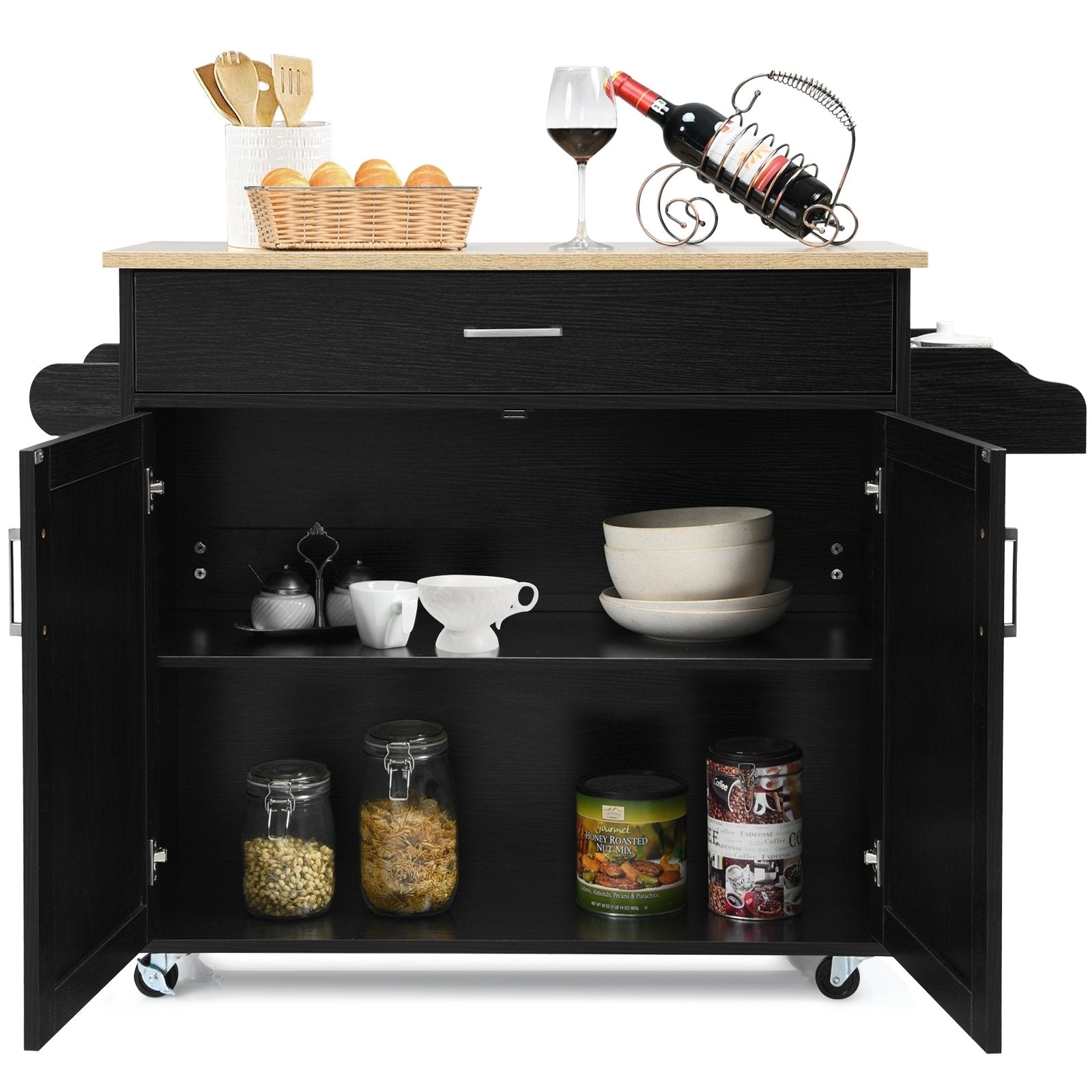 Rolling Kitchen Island Cart with Towel and Spice Rack, Black Kitchen Islands & Carts   at Gallery Canada