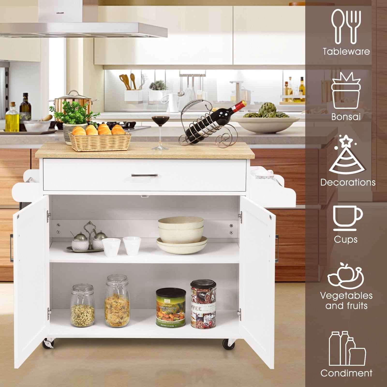 Rolling Kitchen Island Cart with Towel and Spice Rack, White Kitchen Islands & Carts   at Gallery Canada