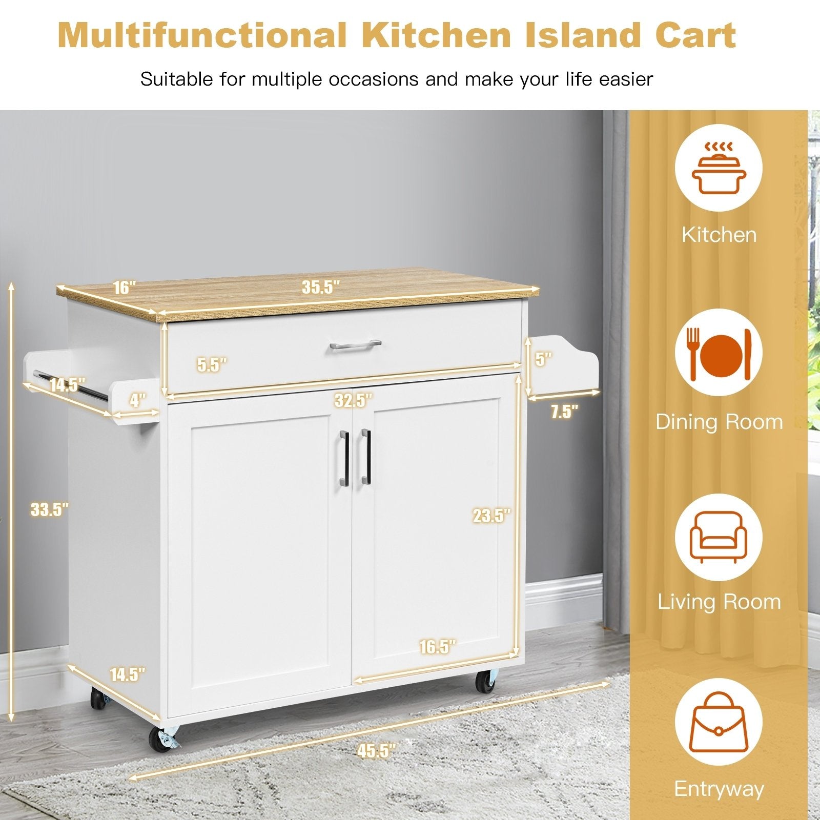 Rolling Kitchen Island Cart with Towel and Spice Rack, White Kitchen Islands & Carts   at Gallery Canada