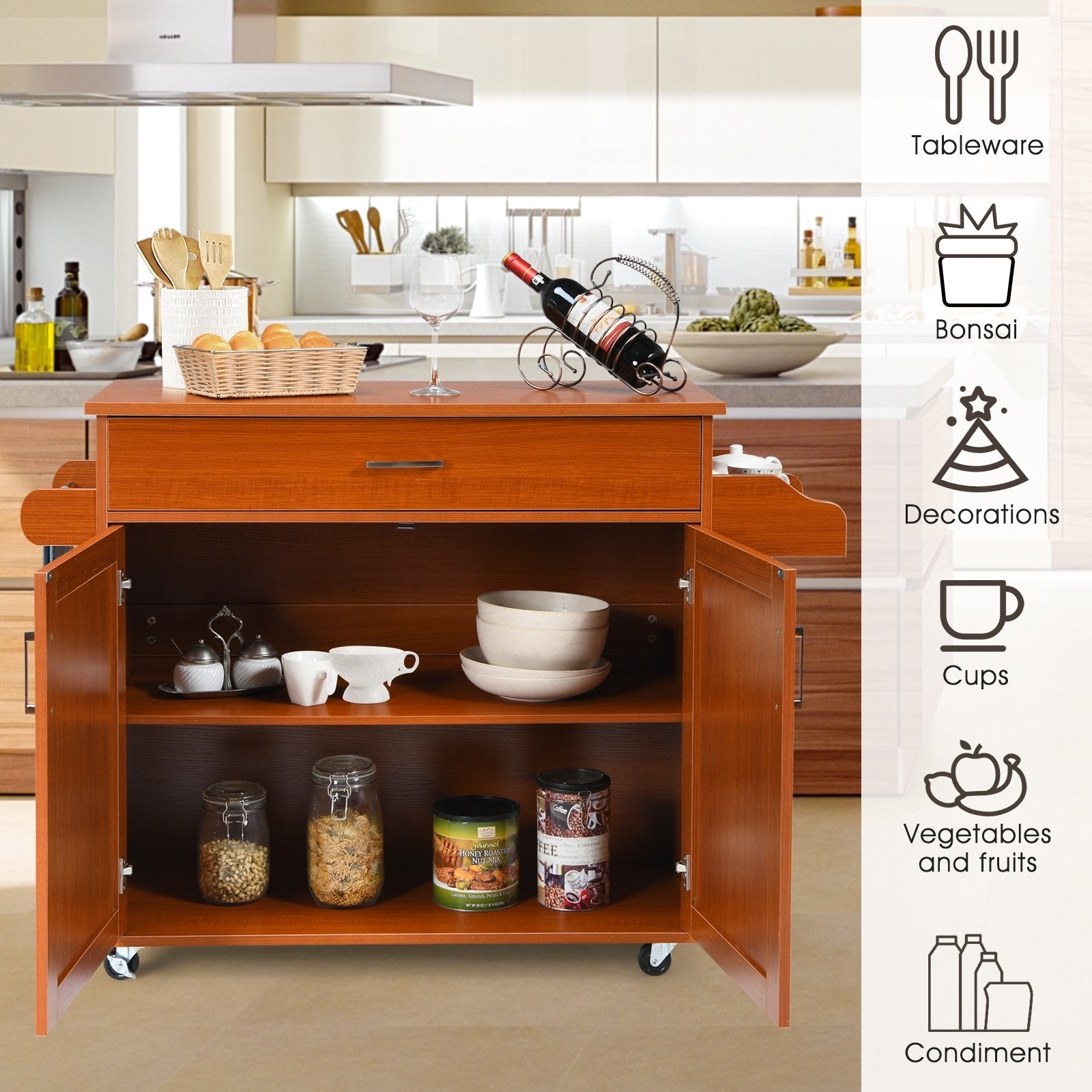 Rolling Kitchen Island Cart with Towel and Spice Rack, Cherry Kitchen Islands & Carts   at Gallery Canada