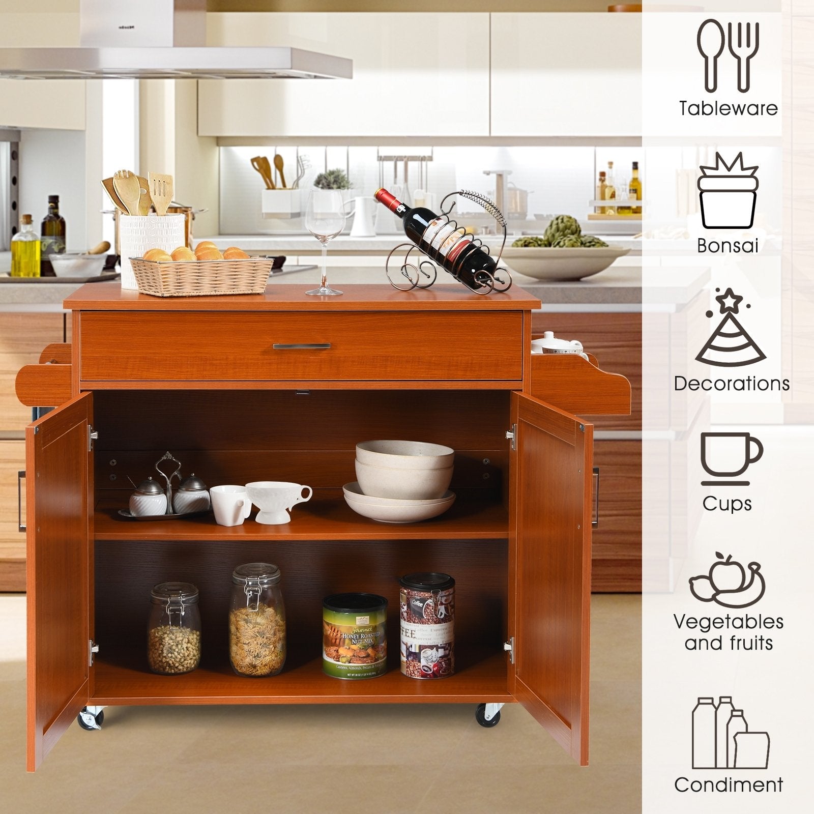 Rolling Kitchen Island Cart with Towel and Spice Rack, Cherry - Gallery Canada