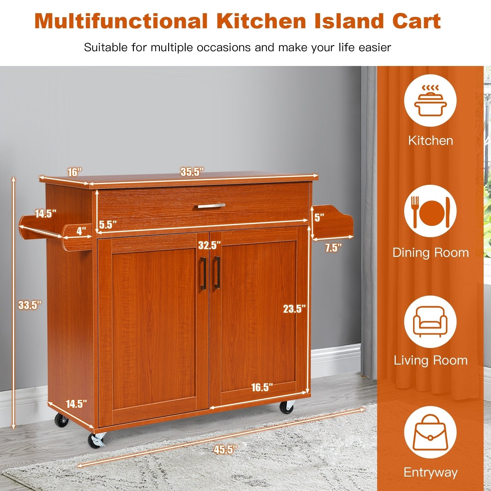 Rolling Kitchen Island Cart with Towel and Spice Rack, Cherry - Gallery Canada