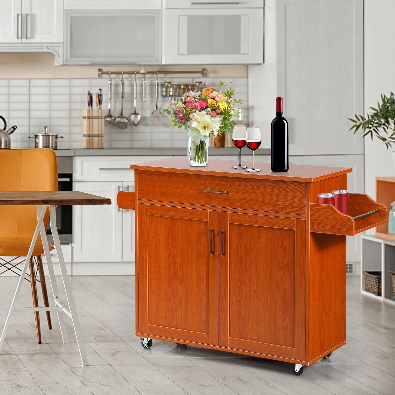 Rolling Kitchen Island Cart with Towel and Spice Rack, Cherry - Gallery Canada