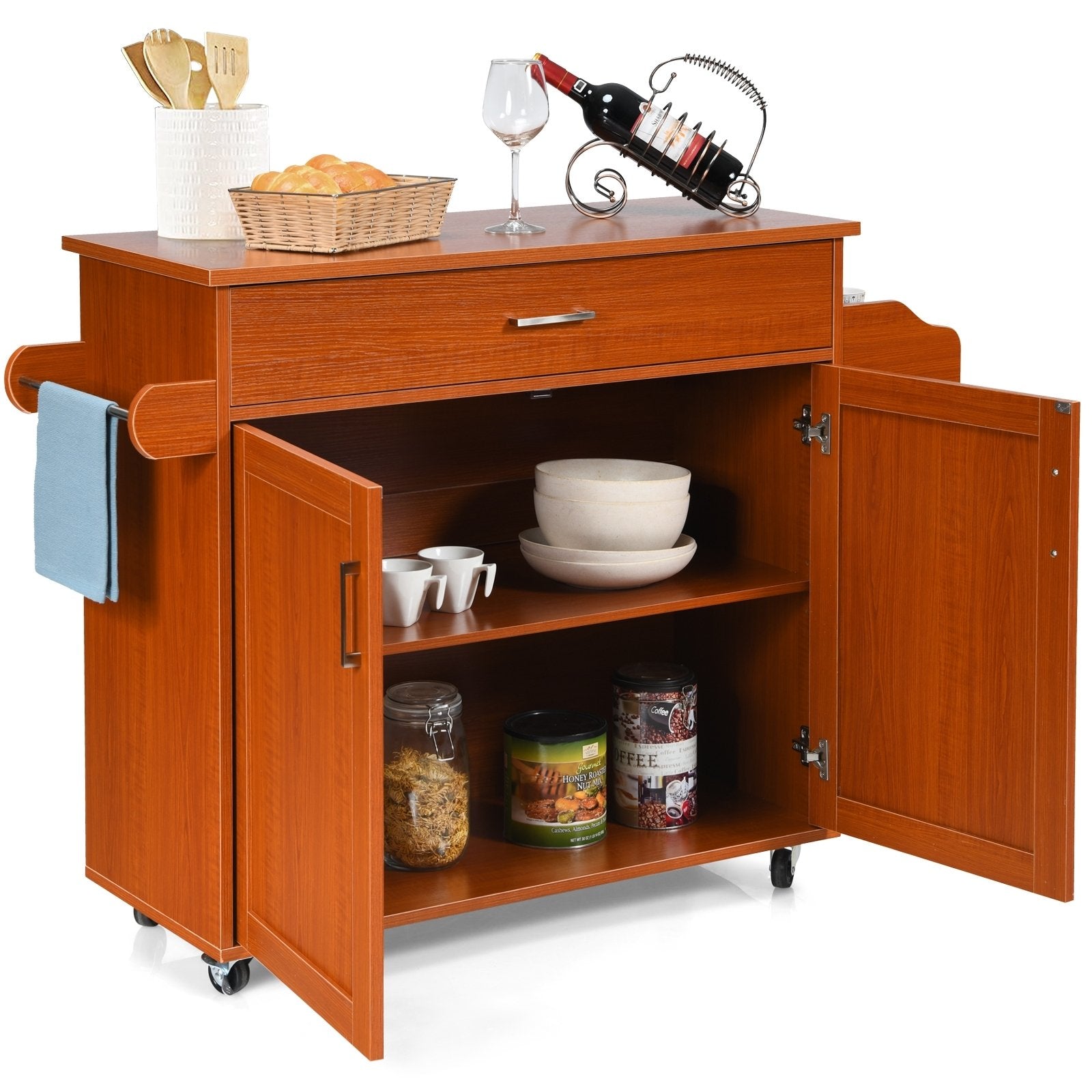 Rolling Kitchen Island Cart with Towel and Spice Rack, Cherry - Gallery Canada