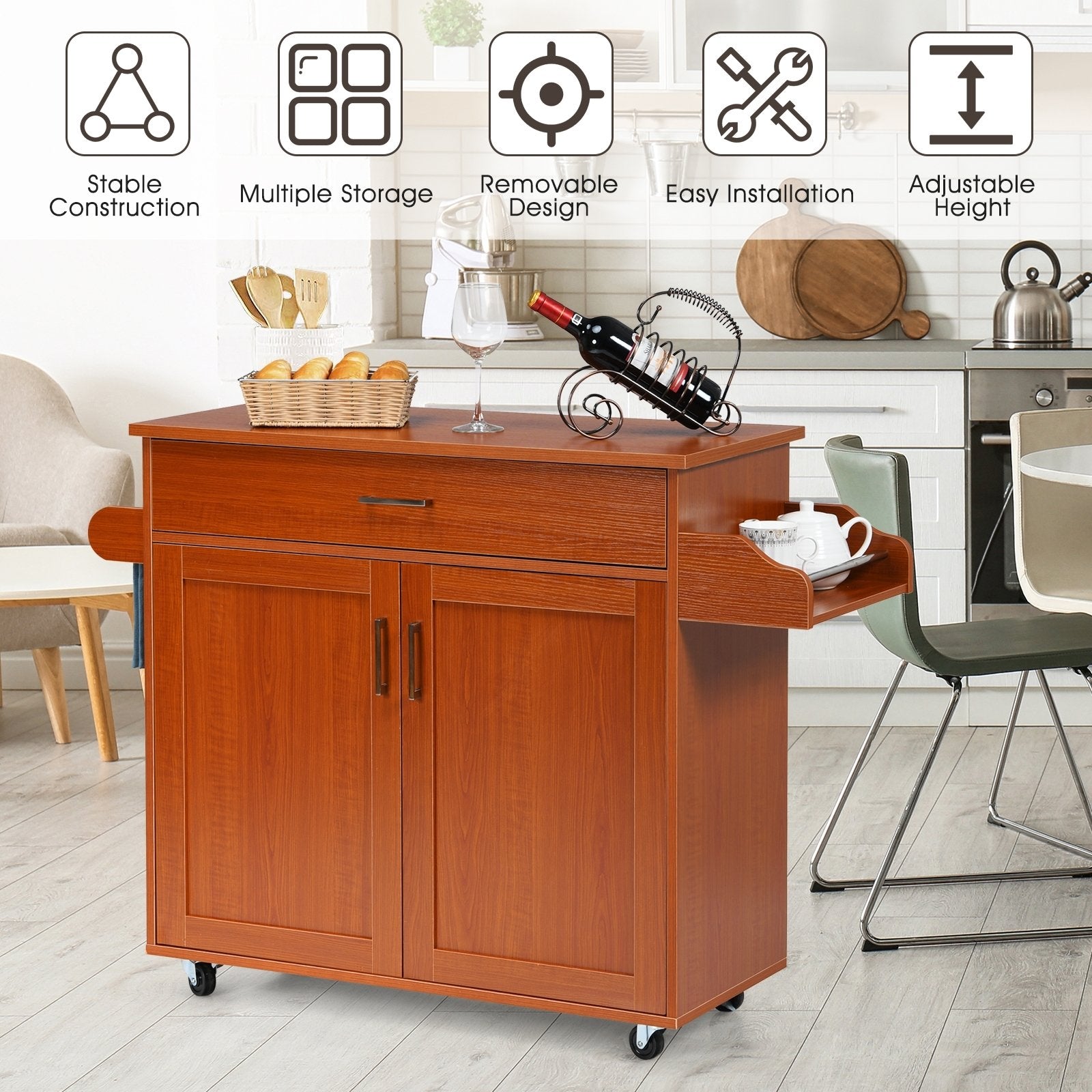 Rolling Kitchen Island Cart with Towel and Spice Rack, Cherry - Gallery Canada