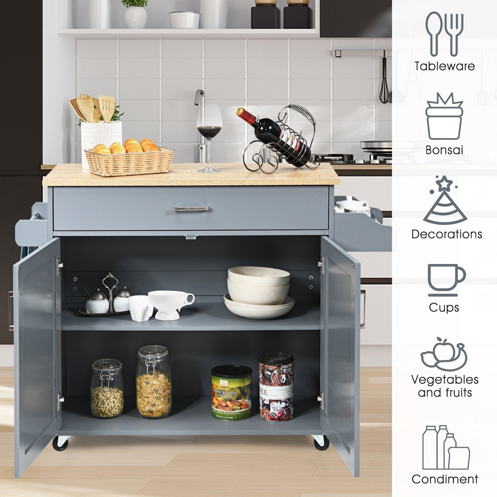 Rolling Kitchen Island Cart with Towel and Spice Rack, Gray Kitchen Islands & Carts   at Gallery Canada