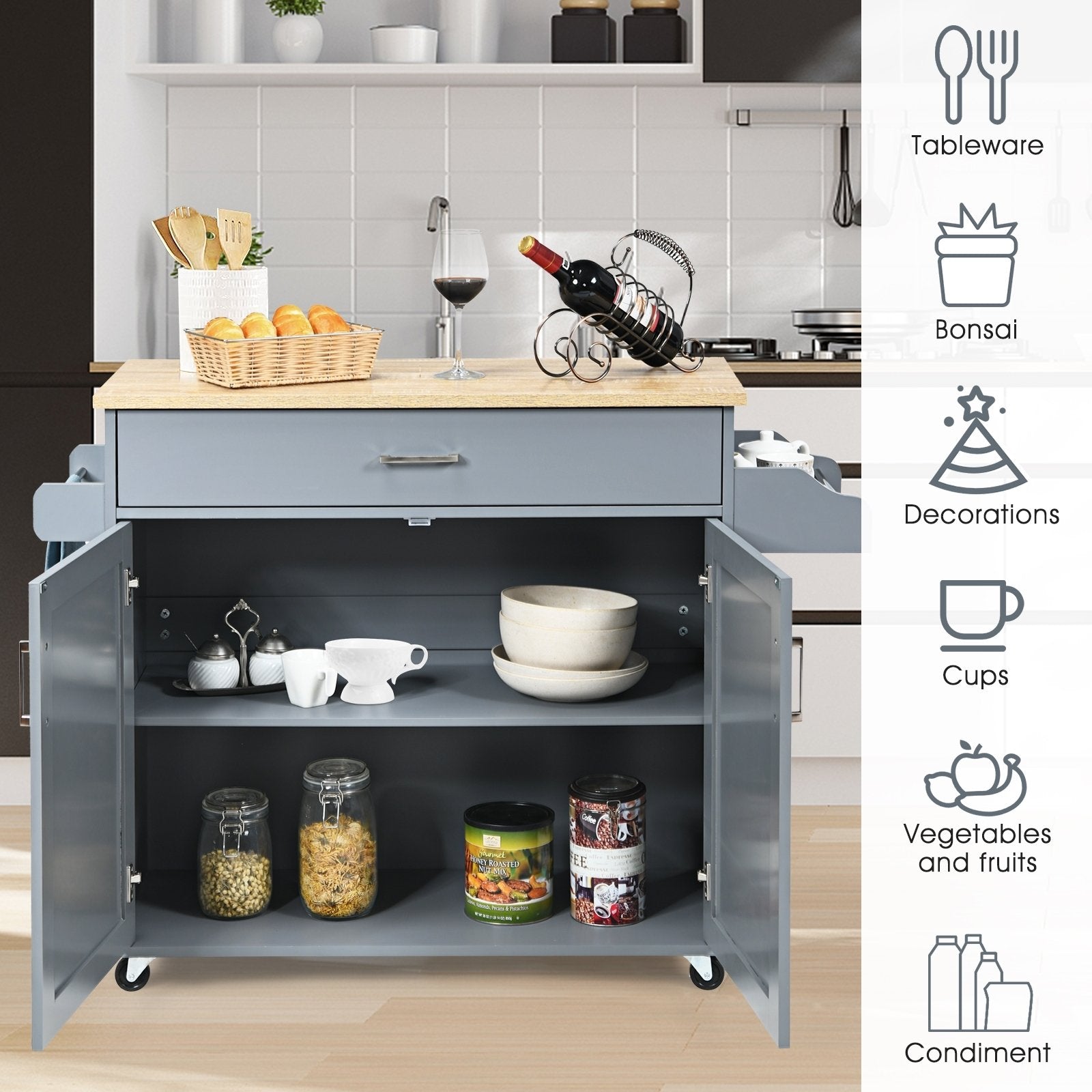 Rolling Kitchen Island Cart with Towel and Spice Rack, Gray - Gallery Canada